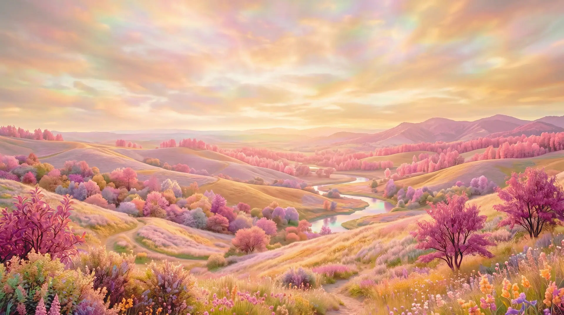 Dreamlike pastel landscape with rolling hills and blossoming trees